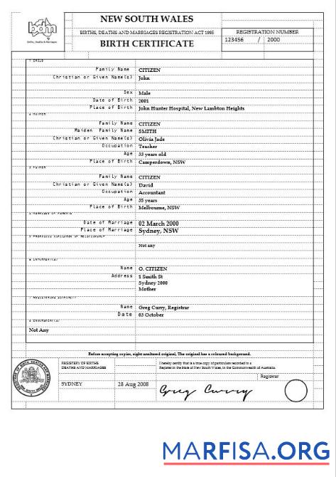 Blank Australia New South Wales birth certificate template in Word format, version 2